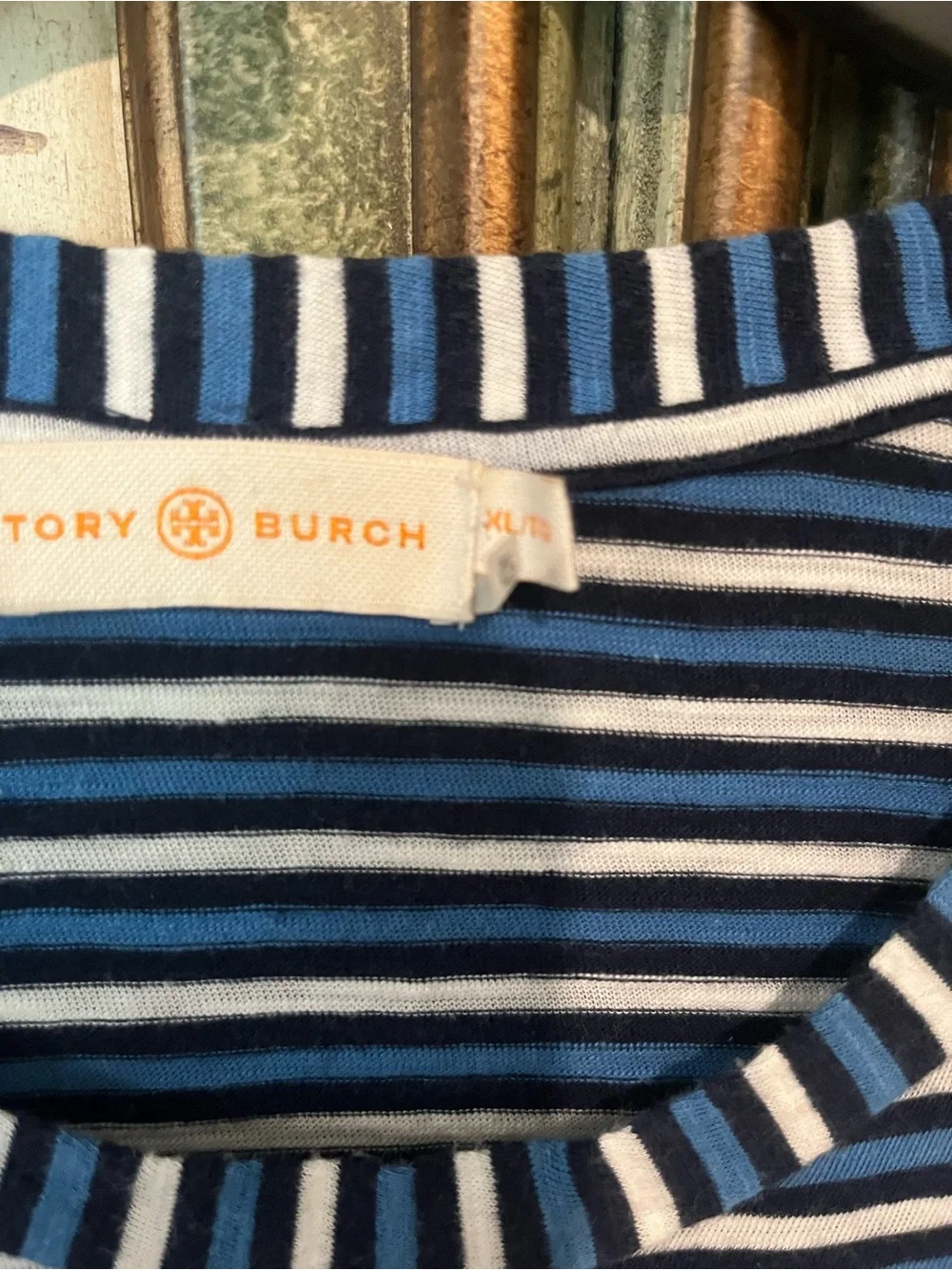 Tory Burch Navy & White Striped Short-Sleeve Tee with Embroidered Logo Patch